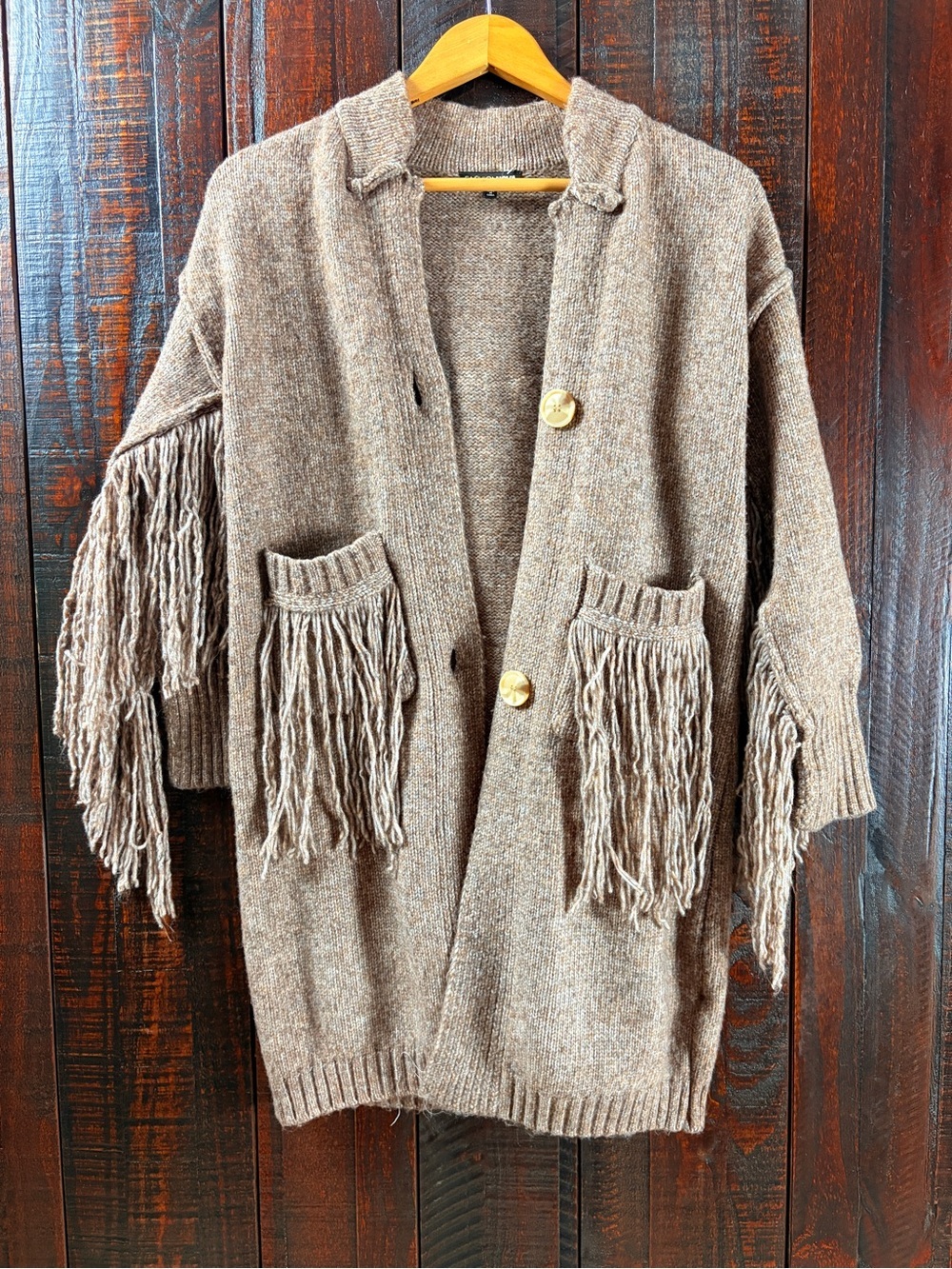 FashionNova Southwestern Fringe Long Cardigan Sweater - Taupe